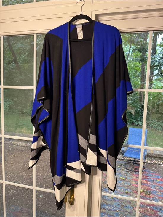 Chico's Sweaters - Chico's Bold Blue and Black Draped Poncho with White and Gray Accents